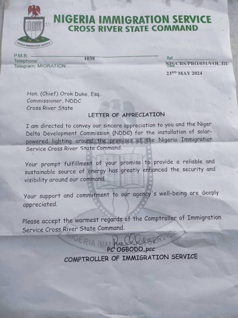 Nigerian Immigration Service Commends NDDC for Solar-Powered Lighting Installation