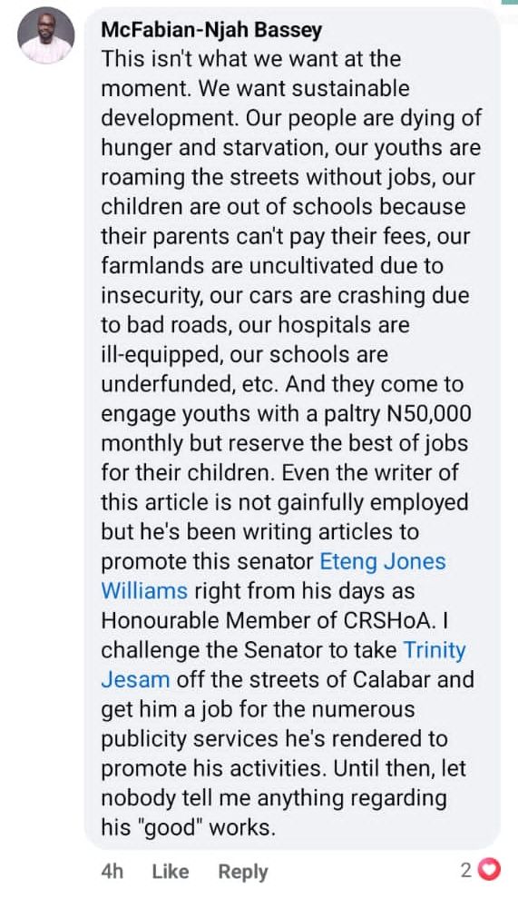 I challenge Senator Eteng Jones Williams to take Trinity Jesam off the streets of Calabar, University Don fumes