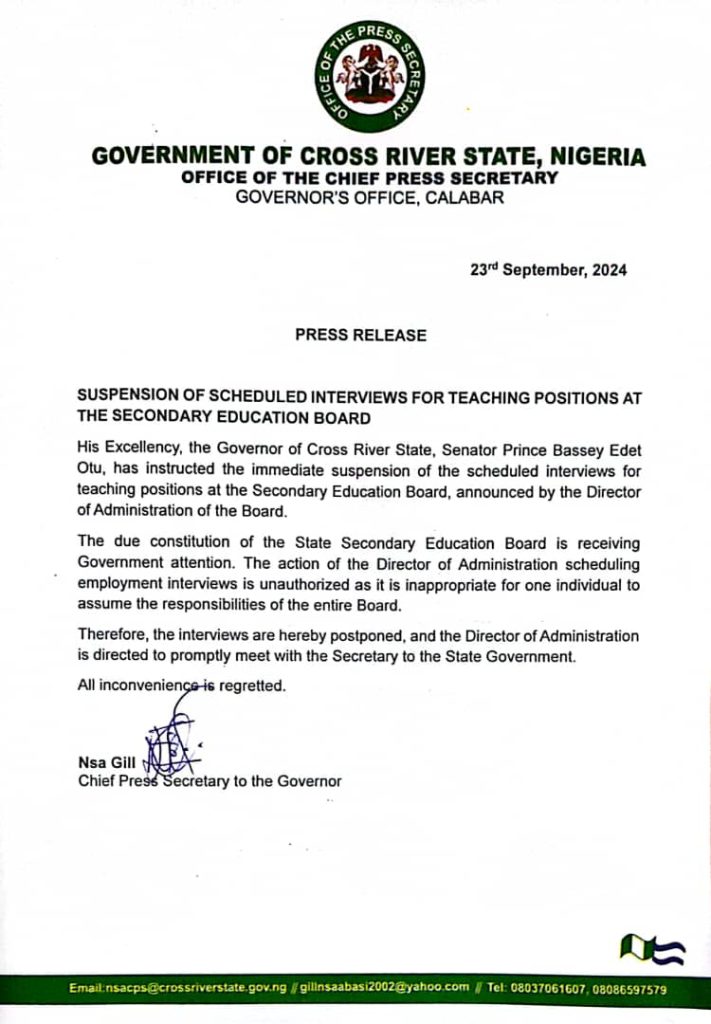 Gov Otu suspends interviews for shortlisted applicants in Secondary Education Board